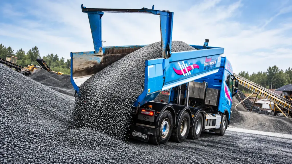 Xe ben sử dụng Hardox 500 Tuf trong hoạt động vận chuyển đá nghiền tại Thụy Điển