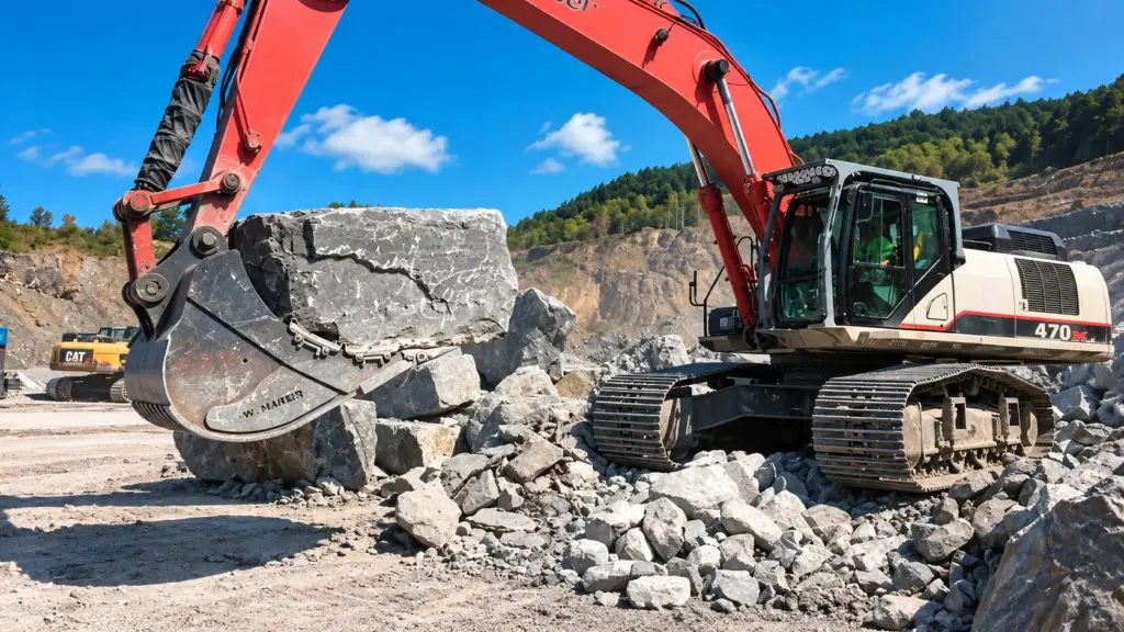 gầu xúc làm việc trong mỏ đá